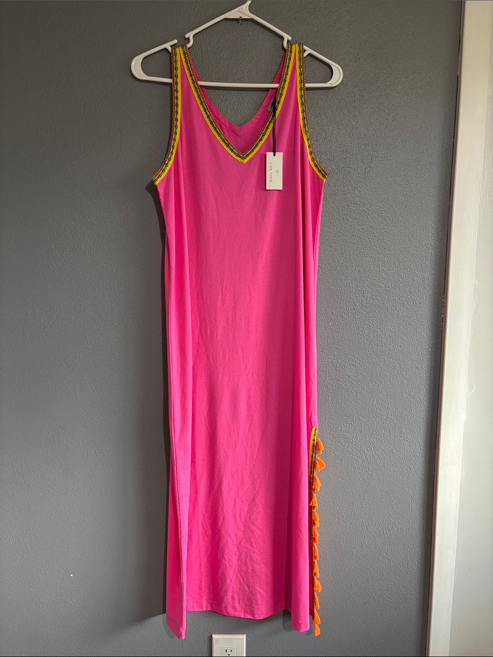 Lisa Todd Bright Pink V-Neck Tank Maxi Dress with Contrast Trim